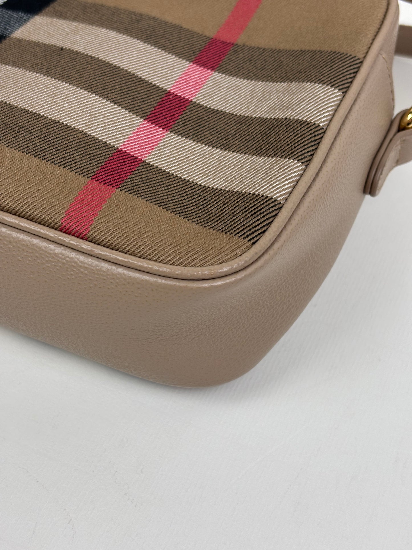 Burberry Check Camera Bag in Chestnut Beige Leather and Canvas