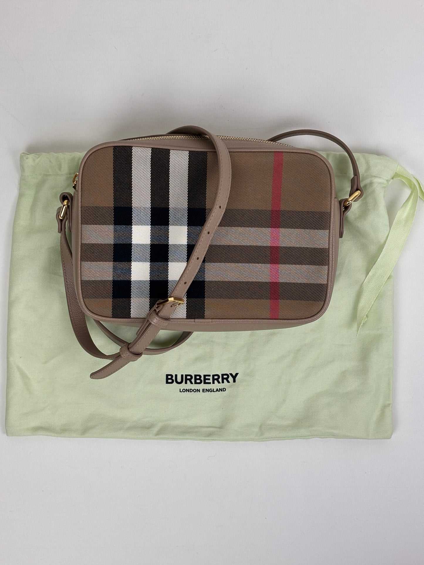 Burberry Check Camera Bag in Chestnut Beige Leather and Canvas