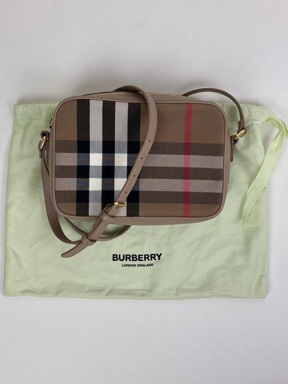 Burberry Check Camera Bag in Chestnut Beige Leather and Canvas
