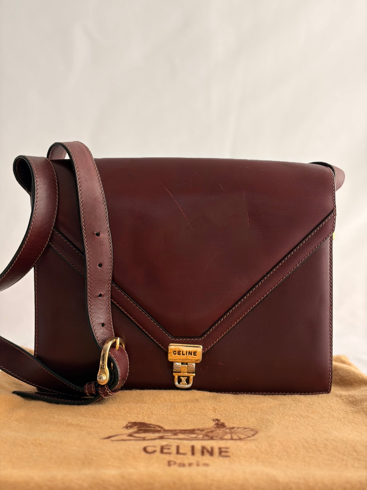 Celine Vintage Burgundy Leather Envelope Shoulder Bag