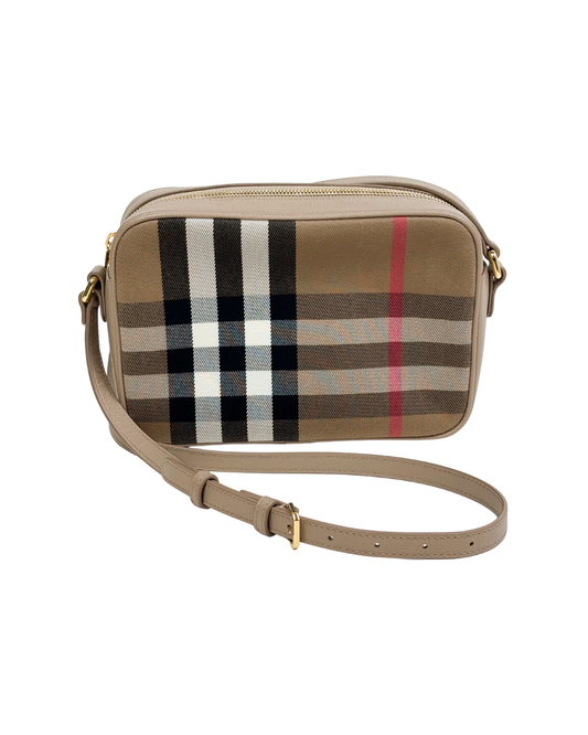 Burberry Check Camera Bag in Chestnut Beige Leather and Canvas