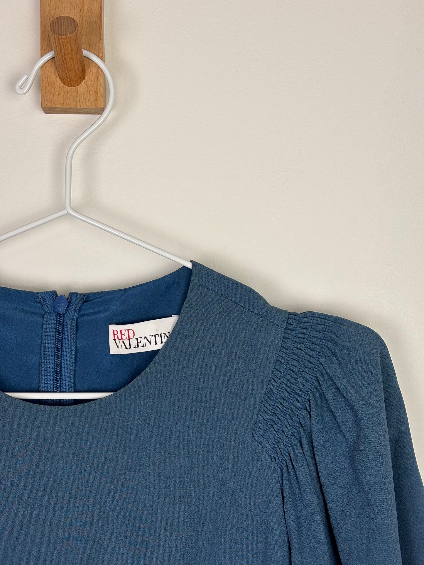 RED Valentino Smocked Puff-Sleeve Midi Dress in Petrol Blue Acetate-Viscose - 10 UK