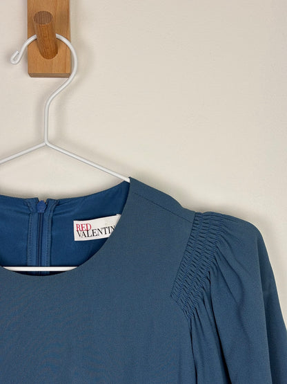 RED Valentino Smocked Puff-Sleeve Midi Dress in Petrol Blue Acetate-Viscose - 10 UK