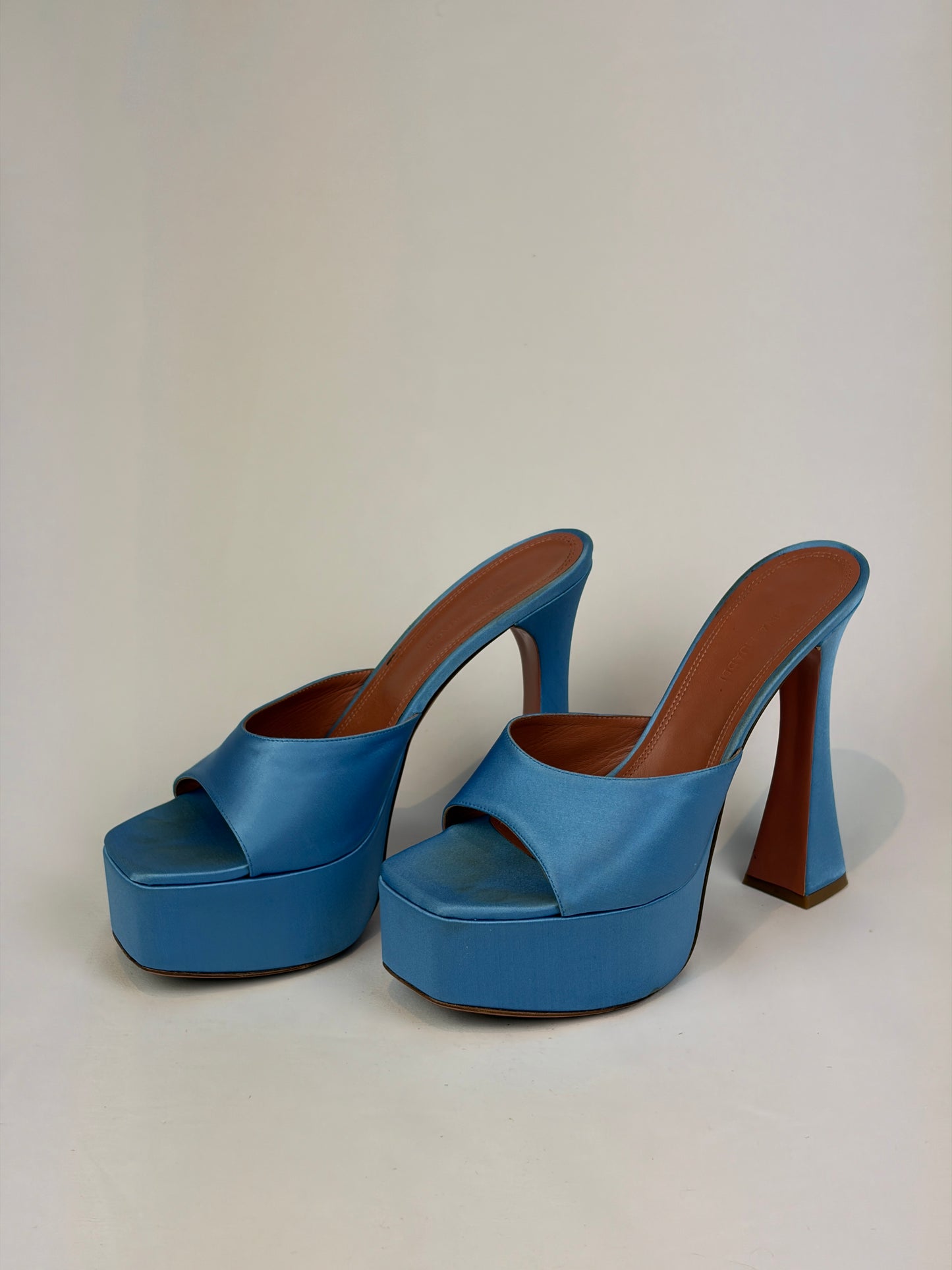 Amina Muaddi Blue Satin Platform Heeled Mules Price - 5.5 UK