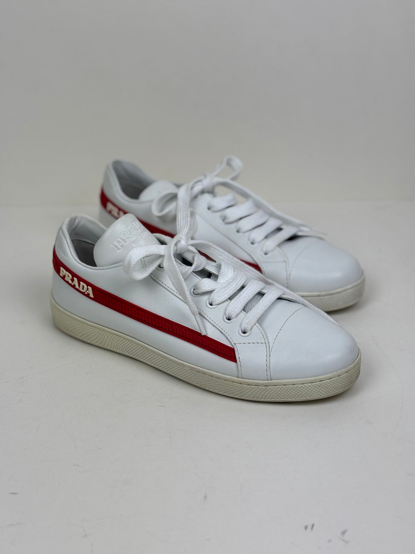 Prada Vitello Soft Leather Lace-Up Trainers White and Red - 5 UK