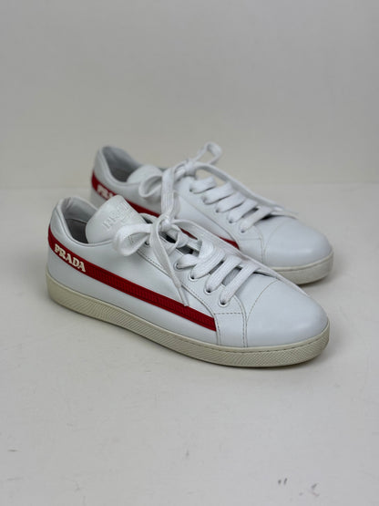 Prada Vitello Soft Leather Lace-Up Trainers White and Red - 5 UK