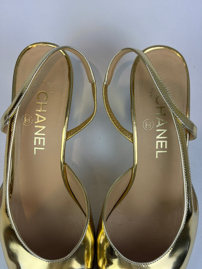 Chanel Gold Metallic Leather Slingback Block Heel Pumps - 5.5 UK