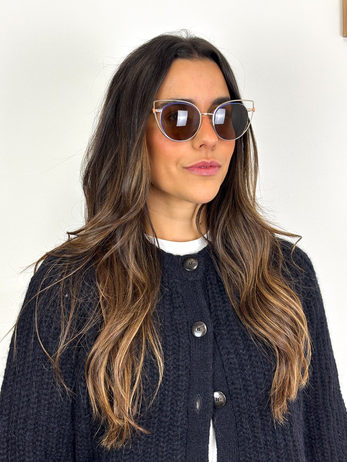 Fendi Eyeshine Round Metal Sunglasses with Blue Cat-Eye Frame Detail