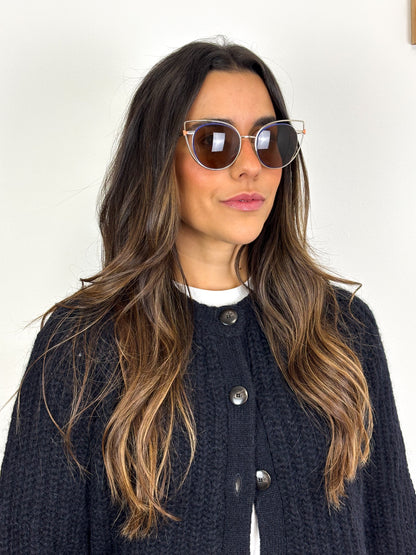 Fendi Eyeshine Round Metal Sunglasses with Blue Cat-Eye Frame Detail