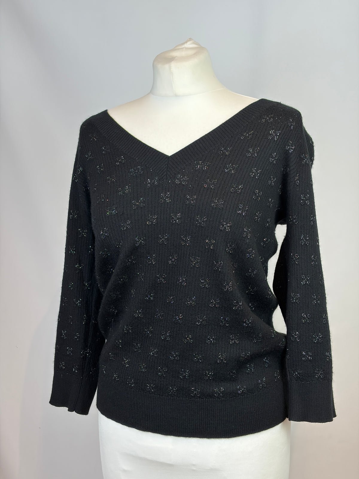 Chanel Black Cashmere Viscose Lurex Zig Zag Knit Top - 12 UK