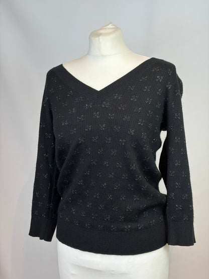 Chanel Black Cashmere Viscose Lurex Zig Zag Knit Top - 12 UK
