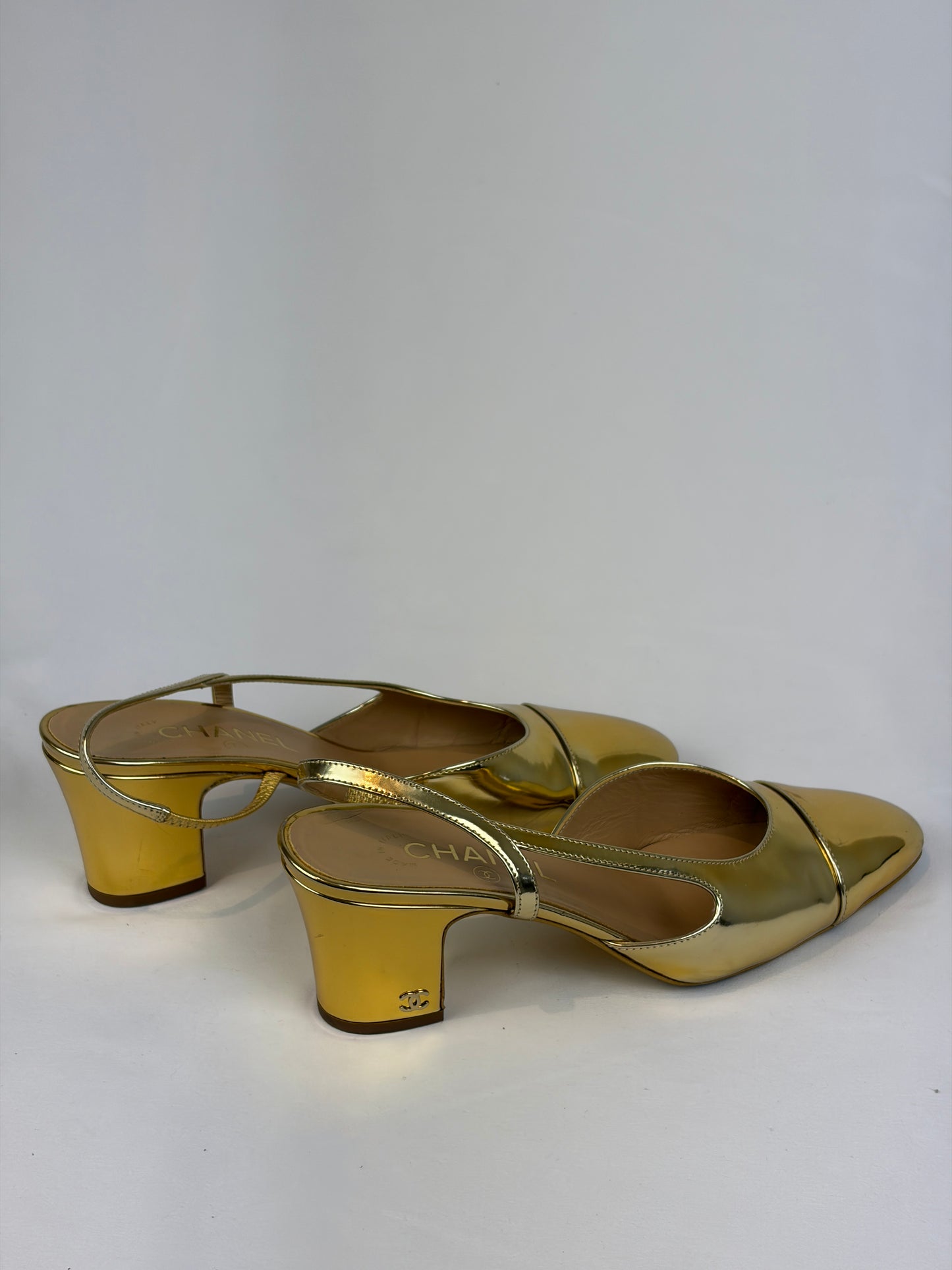 Chanel Gold Metallic Leather Slingback Block Heel Pumps - 5.5 UK