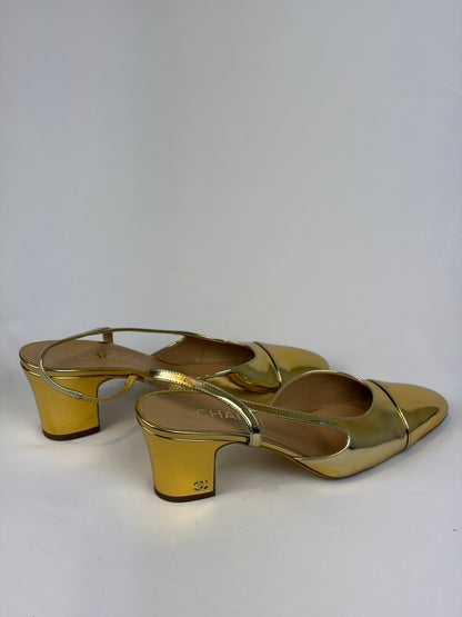 Chanel Gold Metallic Leather Slingback Block Heel Pumps - 5.5 UK