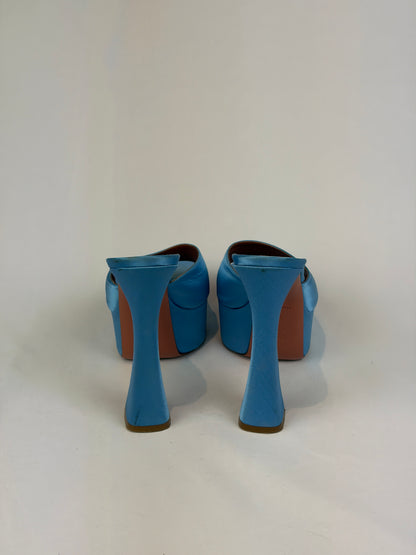 Amina Muaddi Blue Satin Platform Heeled Mules Price - 5.5 UK