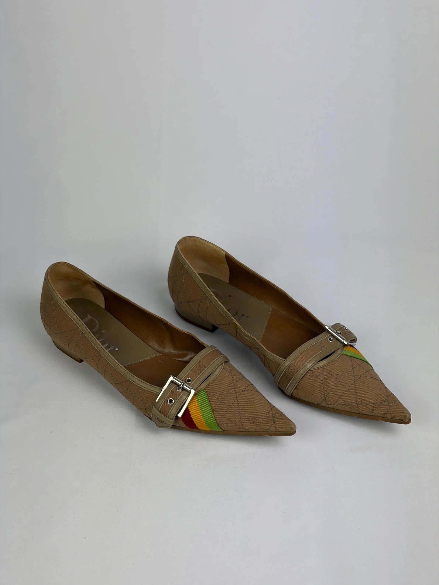 Dior Cannage Beige Pointed Flats with Buckle & Striped Detail - 6 UK