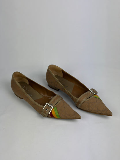 Dior Cannage Beige Pointed Flats with Buckle & Striped Detail - 6 UK