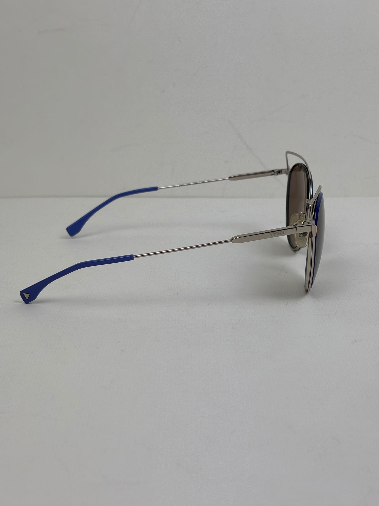 Fendi Eyeshine Round Metal Sunglasses with Blue Cat-Eye Frame Detail