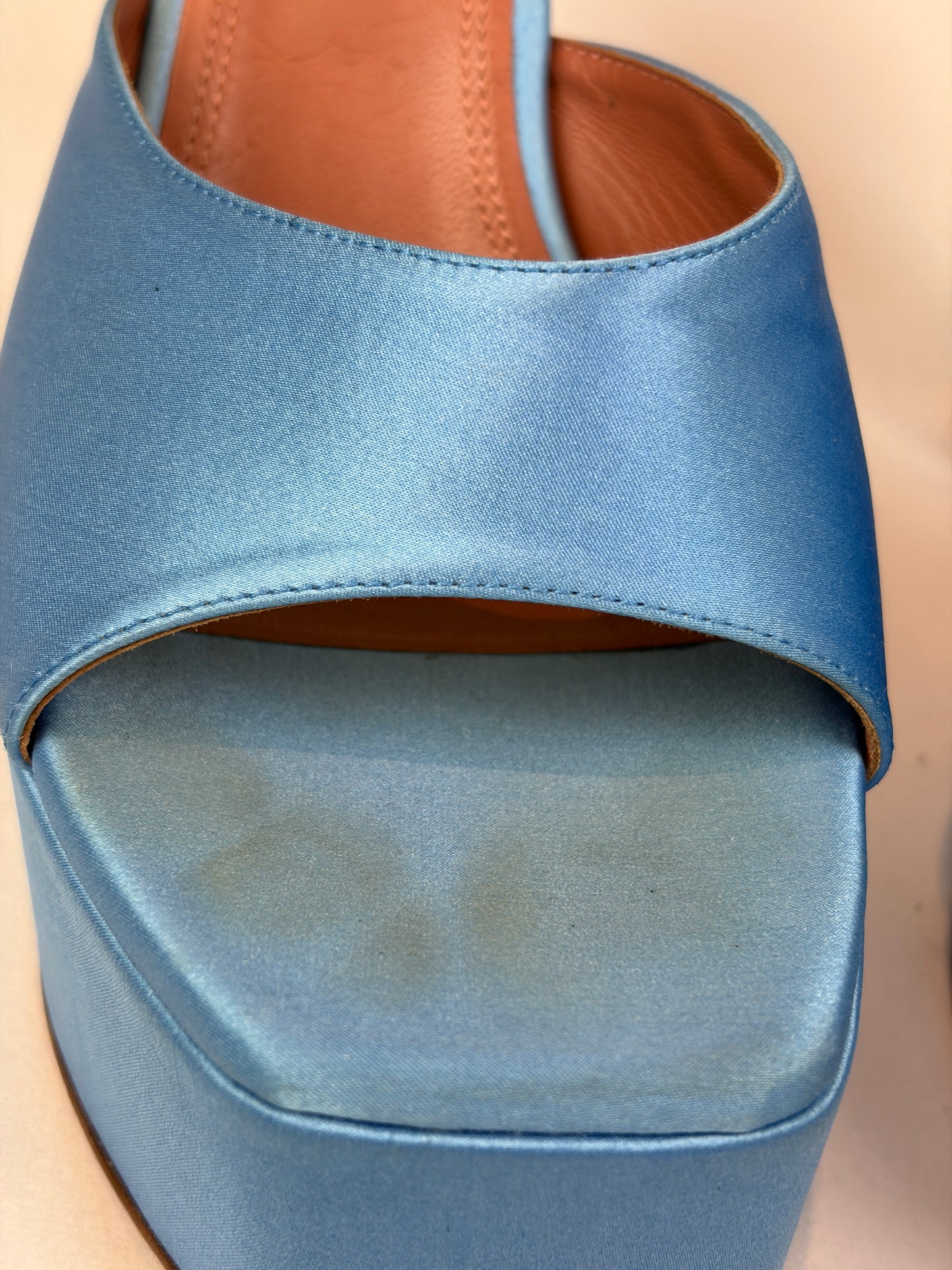 Amina Muaddi Blue Satin Platform Heeled Mules Price - 5.5 UK