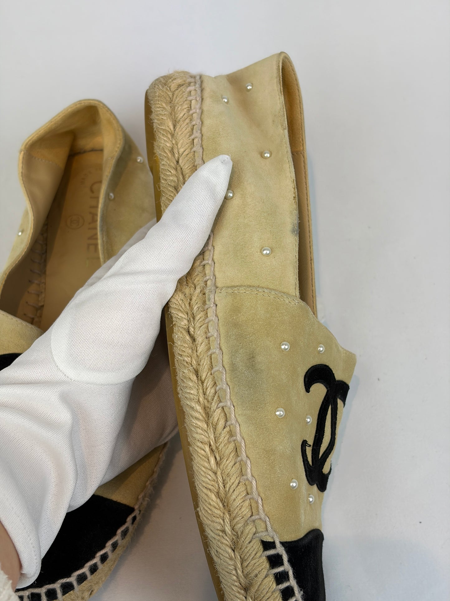 Chanel Beige Suede Pearl Embellished CC Espadrilles - 6 UK