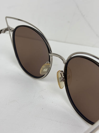 Fendi Eyeshine Round Metal Sunglasses with Blue Cat-Eye Frame Detail