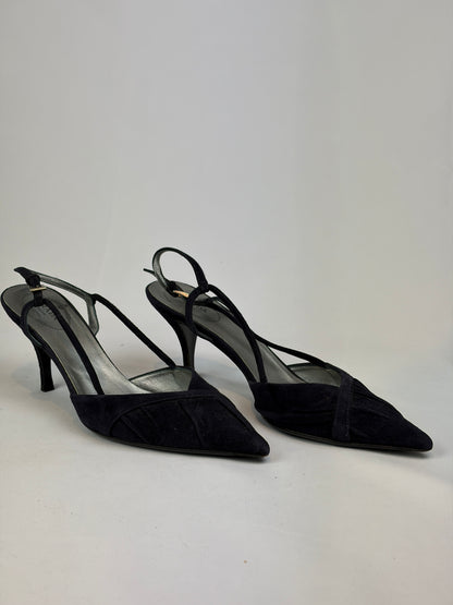 Prada Black Suede Strappy Slingback Heels - 5 UK
