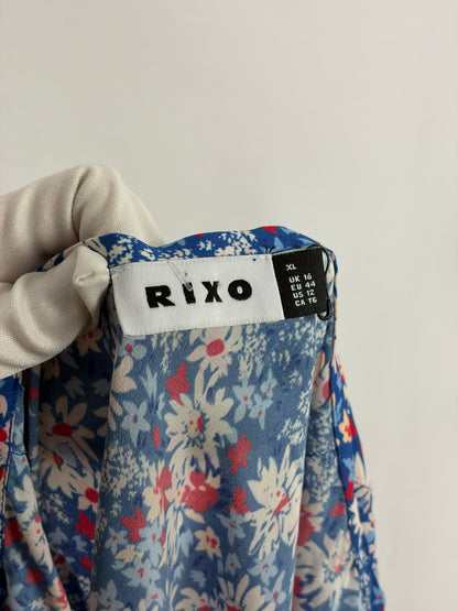 RIXO Floral Ruffle Tiered Skirt, Blue/White/Red - 16 UK
