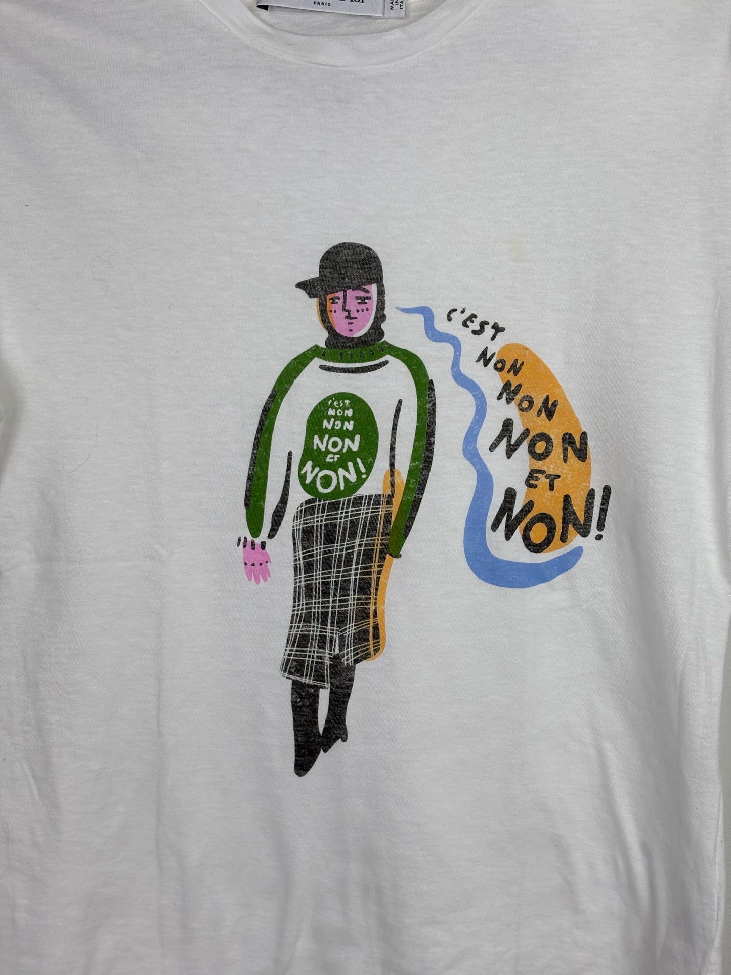Christian Dior "C'est Non" Illustration Graphic T-Shirt Cotton Linen White - S