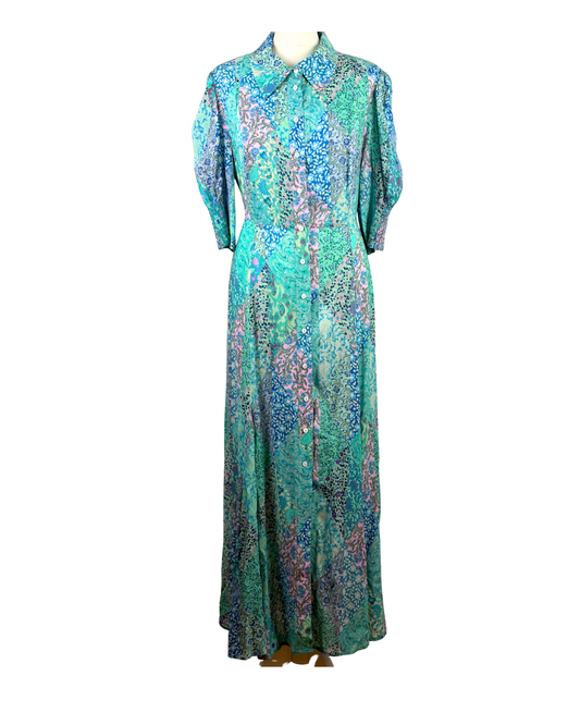 RIXO Blue and White Patchwork Floral Silk Shirt Dress - 16 UK