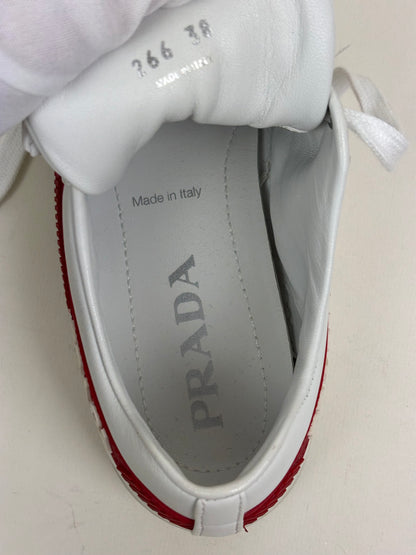 Prada Vitello Soft Leather Lace-Up Trainers White and Red - 5 UK