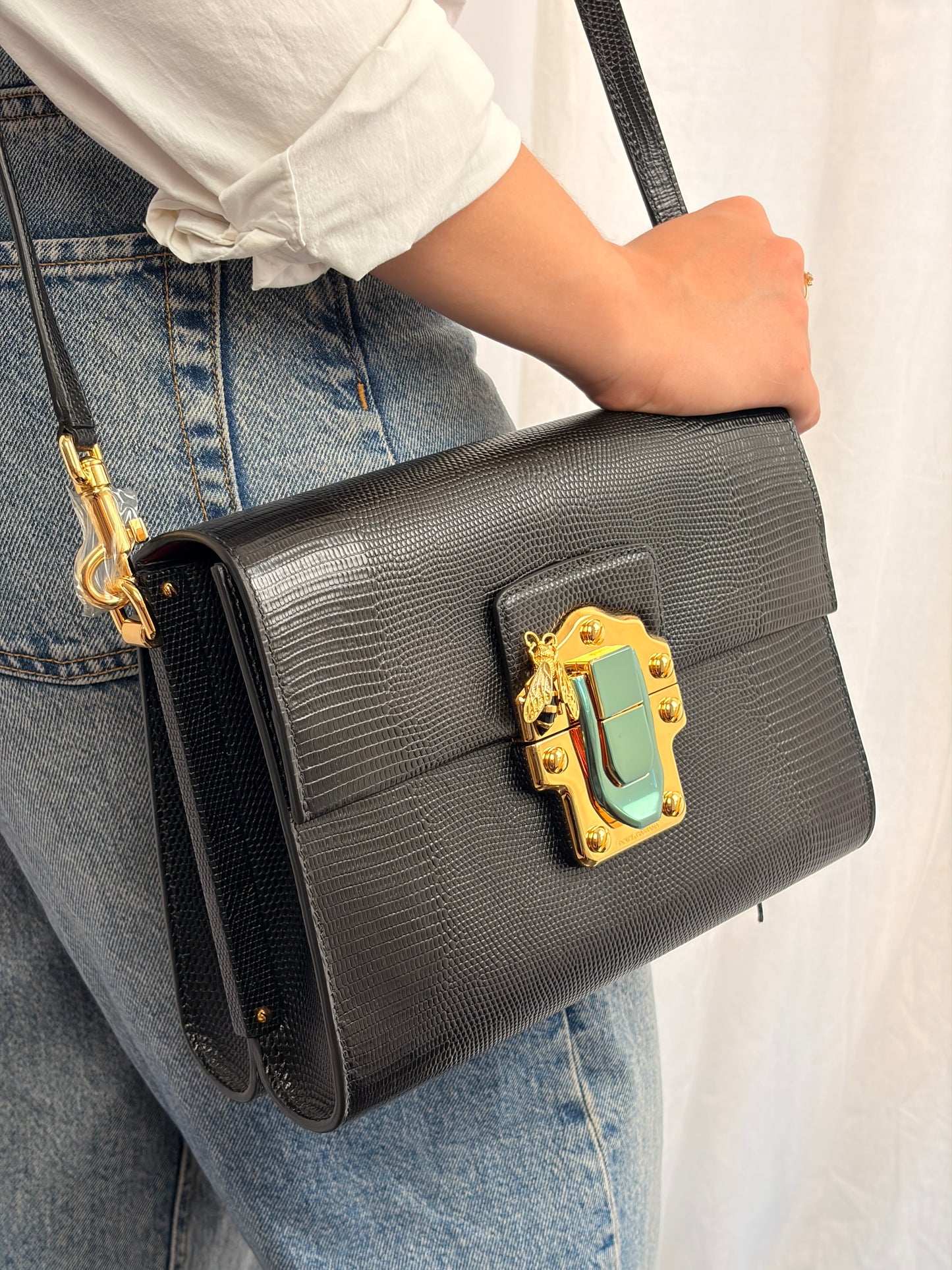 Dolce & Gabbana Lucia Black Iguana Embossed Leather Crossbody Bag