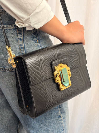 Dolce & Gabbana Lucia Black Iguana Embossed Leather Crossbody Bag