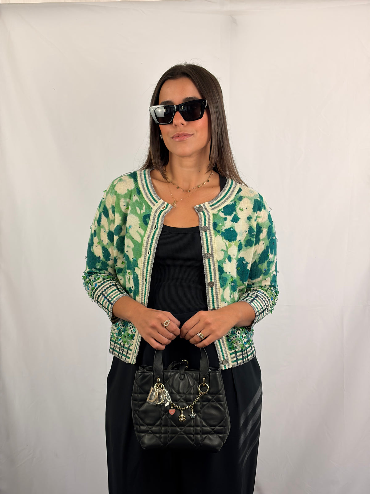 Diane von Furstenberg Floral Embellished Green Cardigan - L