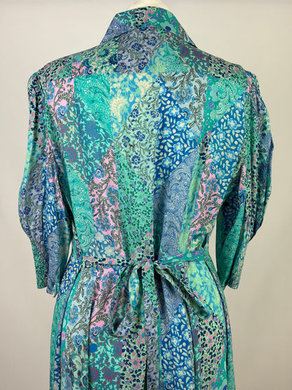 RIXO Blue and White Patchwork Floral Silk Shirt Dress - 16 UK