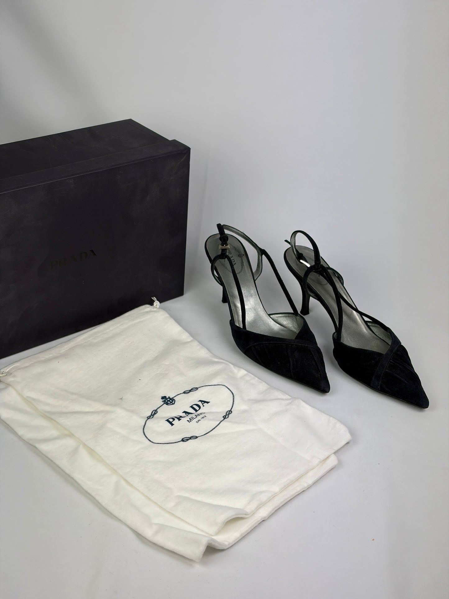 Prada Black Suede Strappy Slingback Heels - 5 UK