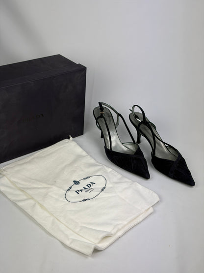 Prada Black Suede Strappy Slingback Heels - 5 UK