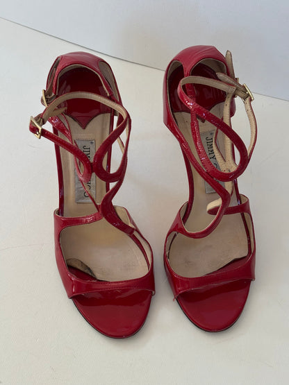 Jimmy Choo Lancer Patent Leather Strappy Sandals in Red - 5 UK
