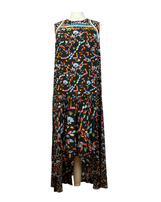 Peter Pilotto Black Silk Abstract Print Midi Dress - UK 14