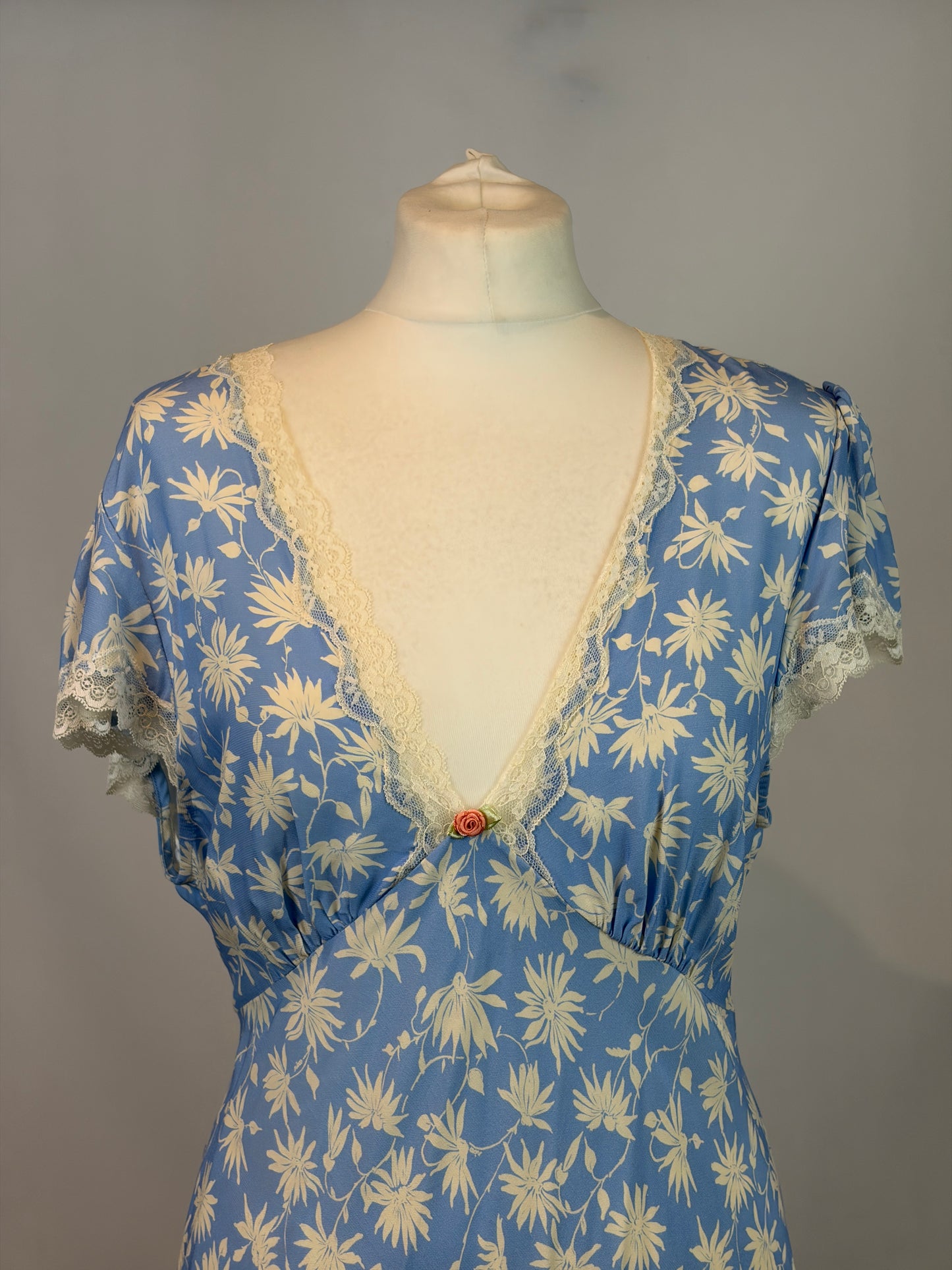 RIXO Blue Daisy Print Lace Trim Maxi Dress — XL / UK 16