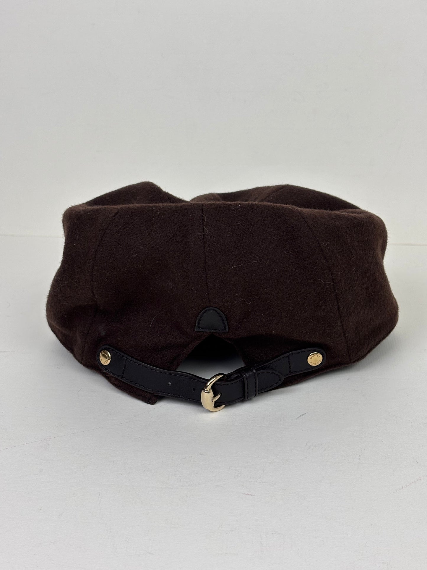 Gucci Cashmere and Wool Blend Baker Boy Hat with Leather Trim Chocolate Brown - S