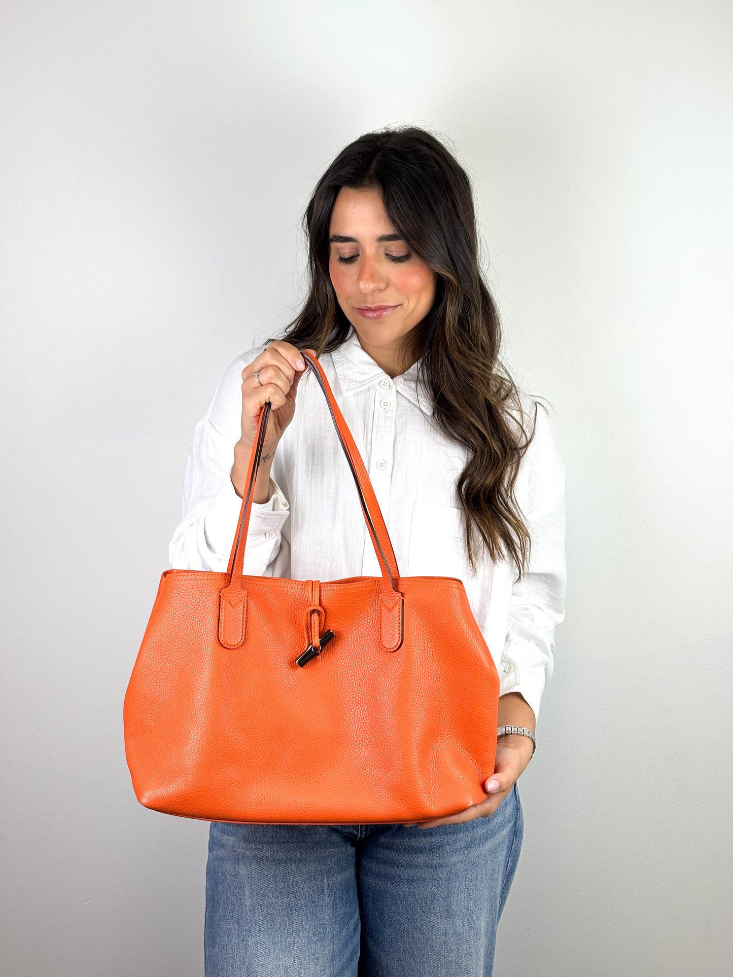 Longchamp Roseau Essential Tote Grained Leather Orange