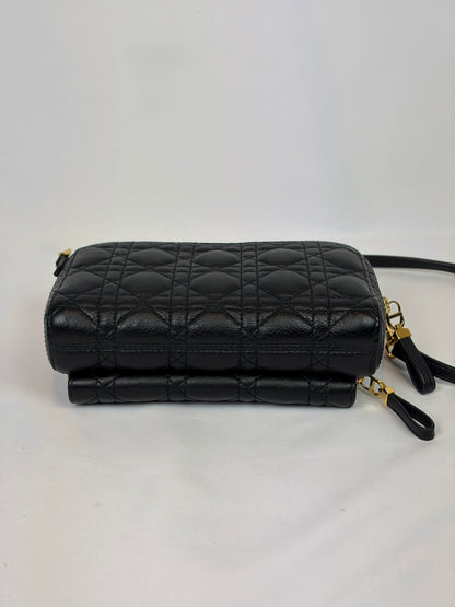 Christian Dior Black Cannage Leather Caro Double Pouch Crossbody Bag