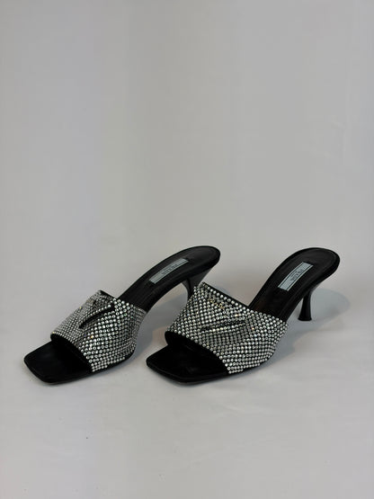 Prada Black Satin Crystal Embellished Kitten Heel Mules - Size 5 UK