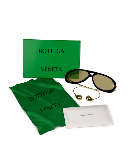 Bottega Veneta Aviator Sunglasses in Black and Gold with Yellow Lenses
