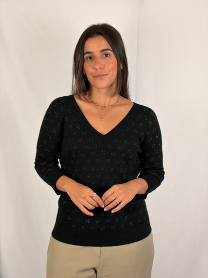 Chanel Black Cashmere Viscose Lurex Zig Zag Knit Top - 12 UK