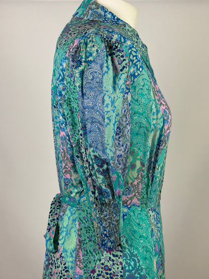 RIXO Blue and White Patchwork Floral Silk Shirt Dress - 16 UK