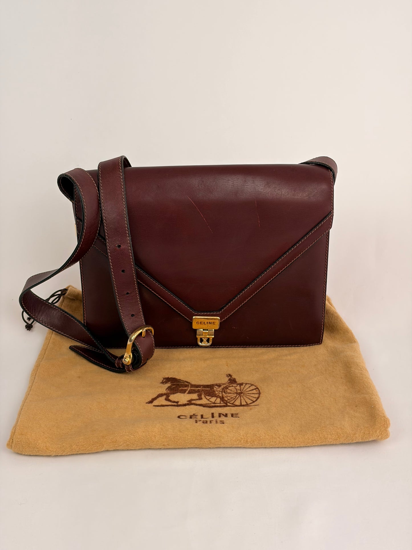 Celine Vintage Burgundy Leather Envelope Shoulder Bag