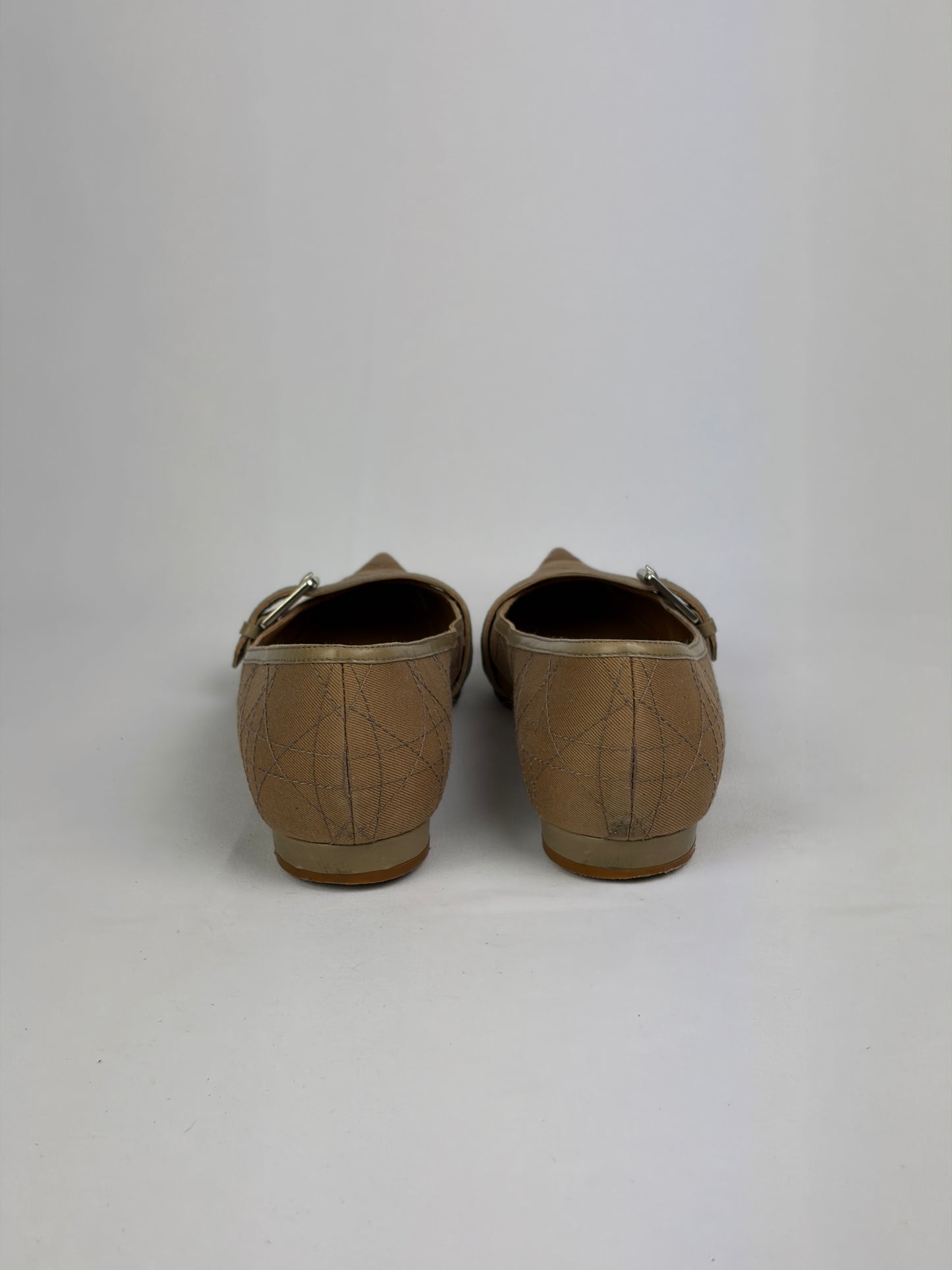 Dior Cannage Beige Pointed Flats with Buckle & Striped Detail - 6 UK