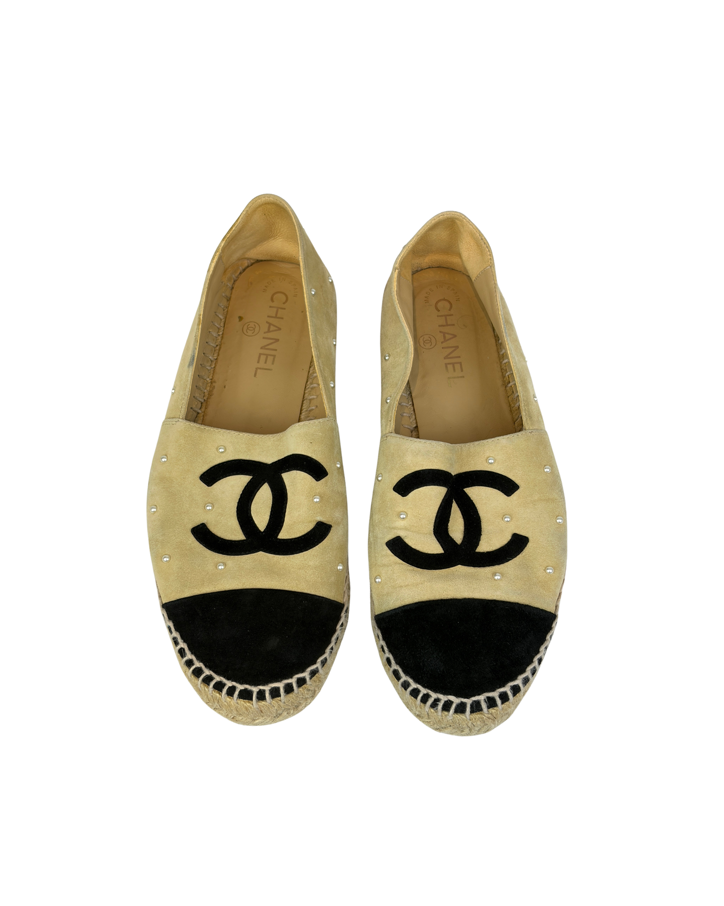 Chanel Beige Suede Pearl Embellished CC Espadrilles - 6 UK