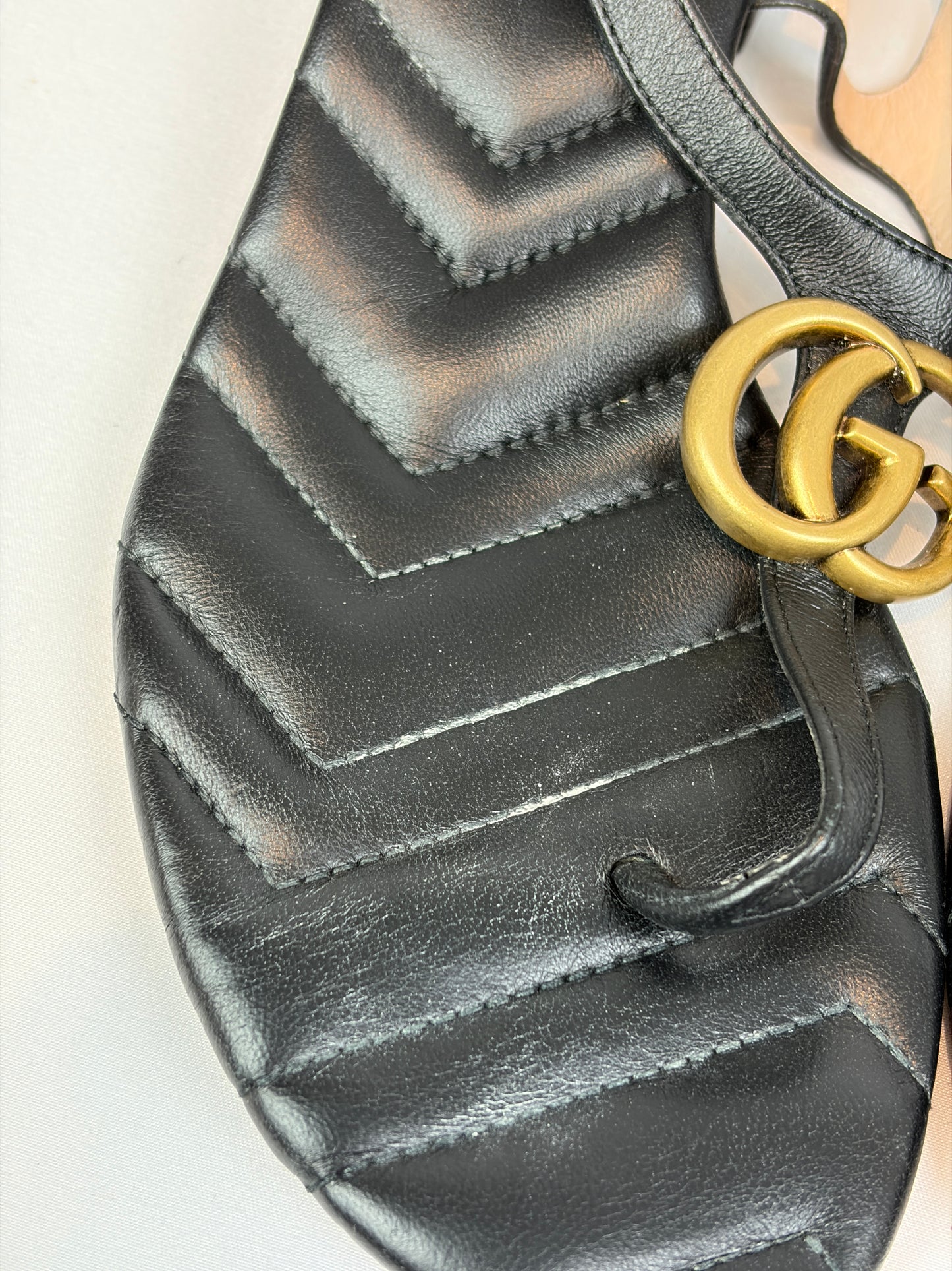 Gucci Marmont Black Leather Double G Buckle Flat Sandals - 5 UK