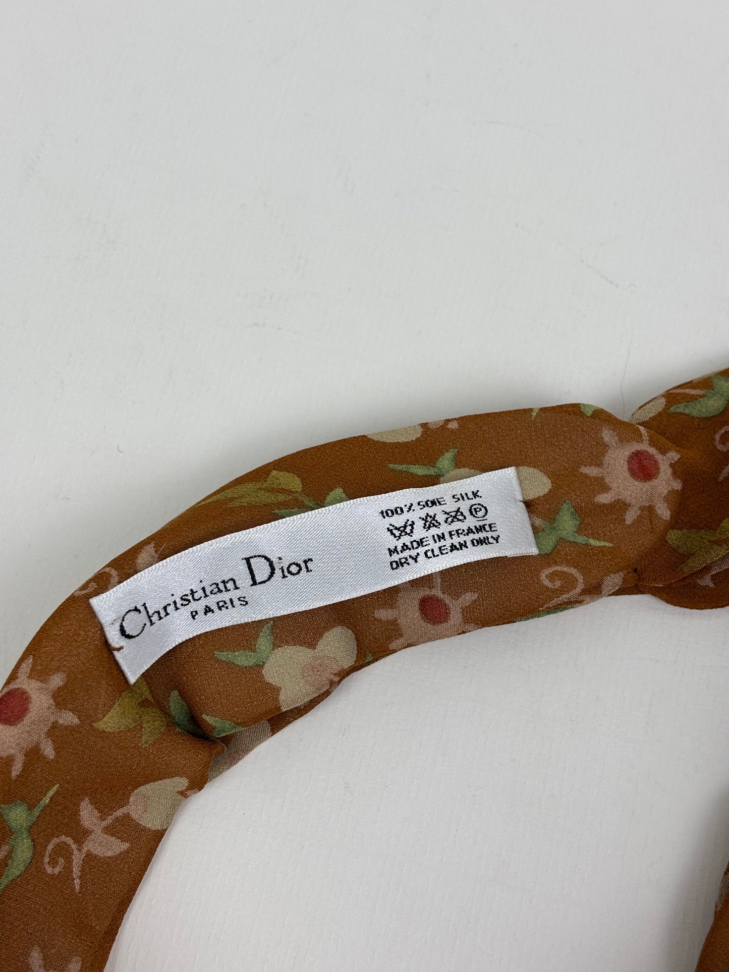 Christian Dior Vintage Floral Print 100% Silk Scarf in Ochre Brown & Sage Green